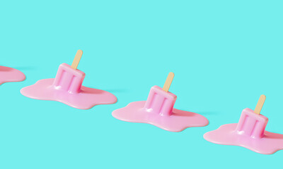 Pattern pink stick ice cream melting on pastel blue background. Creative summer. 3d illustration