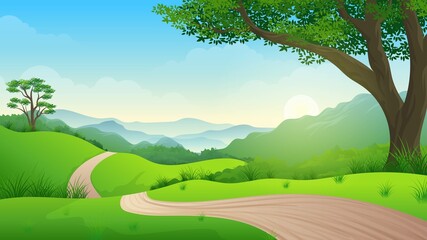 Wall Mural - Pathway Going Through Green hills with big tree and mountains at day time