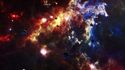 Wall Mural - galaxy space flight exploration with space rock scene at rosette nebula . 4k animation of flying thr