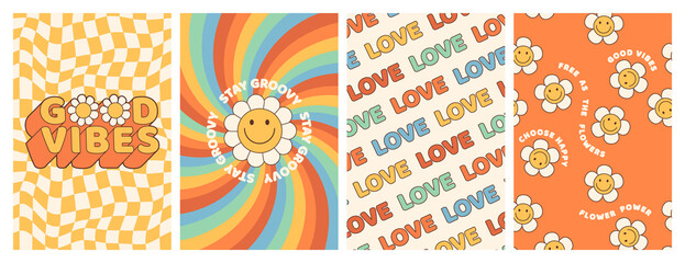 Wall Mural - Groovy hippie 70s posters. Funny cartoon flower, rainbow, love, daisy etc. Vector cards in trendy retro psychedelic cartoon style. Vector backgrounds. Stay groovy. Good vibes.