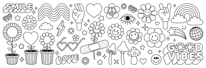 Wall Mural - Groovy hippie 70s set. Funny cartoon flower, rainbow, peace, Love, heart, daisy, mushroom etc. Sticker pack in trendy retro psychedelic cartoon style. Isolated vector illustration. Flower power.