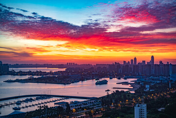 Wall Mural - Morning Sunrise Scenery of Haikou Port Bay View, the Main Transportation Hub for Free Trade Zone and Free Trade Port of Hainan Province, China, Asia.