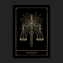 Justice Magic Major Arcana Tarot Card In Golden Hand Drawn Style