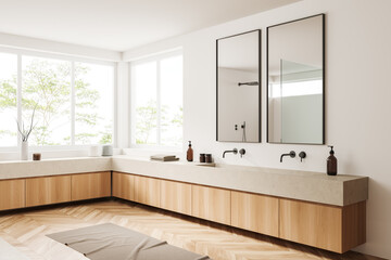 Modern bathroom interior with sink, accessories and panoramic window