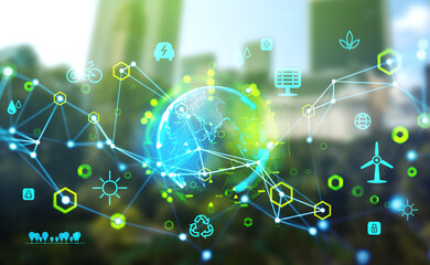 earth hologram and eco energy hud, technology and resources and green city
