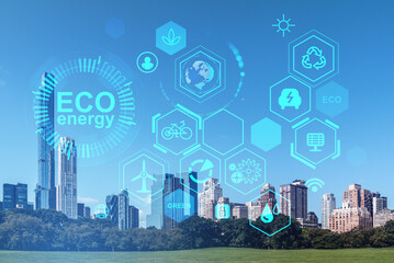 Wall Mural - Eco energy digital hud interface with New York cityscape, city and technology