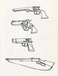 Drawing of several types of fire weapons. A peacemaker, revolver, automatic  pistol and a riffle.