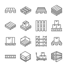 Pallet Icons Set. Storage Pallets For Companies And Industrial Production, Storage Systems. Line With Editable Stroke