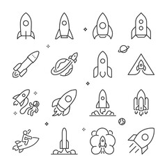 Rocket icons set. Rockets of different shapes. Spaceships , linear icon collection. Space Industry. Line with editable stroke