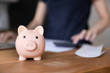 Piggy bank for saving money on table close up. Accountant woman, finance professional counting money, checking paper financial reports, using calculator in background. Business, investment concept