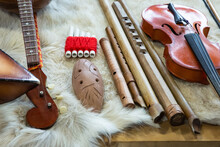 Traditional Musical Instruments Made Of Wood Flute And Pipe Close Up