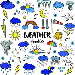 colorful hand drawn weather icons. set of doodle elements on white background. vector illustration i