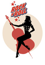 Beautiful Pin Up Girl Silhouette Dressed In The Old American Style Of The 50s Holding A Double Bass Representing A Typical Icon Of Rock And Roll
