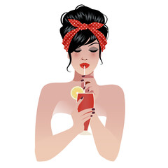 Beautiful pin up girl wearing a 50's style headscarf, drinking a cocktail or juice through a straw