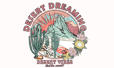 Arizona desert vibes graphic print for fashion and others. Desert dreaming artwork.  Cactus with sunflower. usa flag.