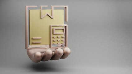 Aufkleber - Beautiful abstract illustrations Golden Hand Holding Delivery Box Calculator symbol icon on a grey background. 3d rendering illustration. Online Shopping. loops video.