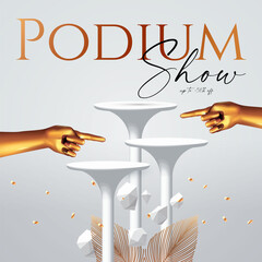 Wall Mural - 3d white scene with podium and realistic golden hand. modern showcase.