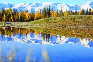 Wall Mural - scenic, autumn landscape trees and forest river and lake, nature view fall background