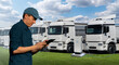 © scharfsinn86 - Fleet manager with a digital tablet stands next to electric trucks at electric vehicle charging stations