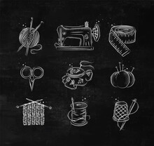 Bakery Icon Set With Illustrated Sewing Machine, Skein Of Threads, Scissors, Knitting Needles, Needle, Thread, Embroidery Hoop In Hand Drawing Style On Chalkboard Background