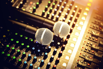 Wall Mural - Close-up microphone and sound mixer in studio for sound record control system and audio equipment and music instrument