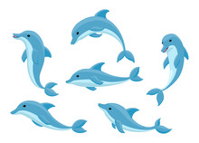 Cute Cartoon Dolphin Collection. Flat Vector Illustration Set Of Realistic Dolphins Jumping, Swimming, Smiling. Happy Funny Dolphins  In Various Poses Isolated On White.