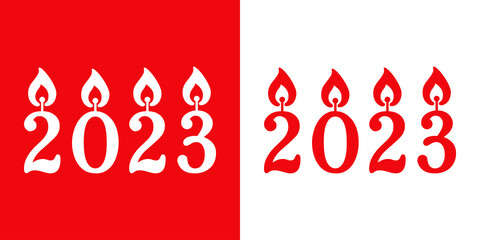 Canvas Print - Banner con año nuevo 2023. Logo con cifras con forma de vela de cumpleaños. Vector en fondo rojo y fondo blanco