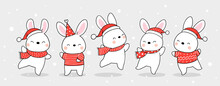 Draw Banner Cute Bunny Snow For Christmas And New Year