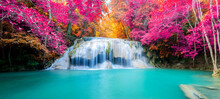 Amazing In Nature, Beautiful Waterfall At Colorful Autumn Forest In Fall Season	
