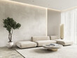 Contemporary beige white interior with furniture and decor. 3d render illustration mockup.
