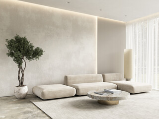 Poster - Contemporary beige white interior with furniture and decor. 3d render illustration mockup.