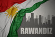 abstract silhouette of the city with text Rawandiz near waving national flag of kurdistan on a gray background.3D illustration