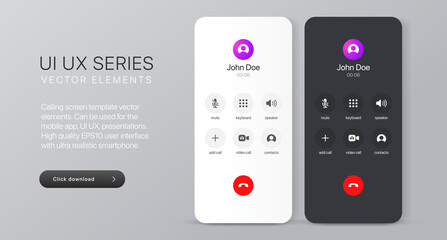 Poster - Voice call screen. Mockup incoming call, voicemail screen, smartphone interface vector UI UX template for application. New Call screen template. Mobile app display template. Vector illustration.