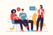 Vector illustration depicting a group of people having coffee break and talking