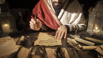 middle east historical confidential correspondence. emperor writing handwriting on papyrus paper in 