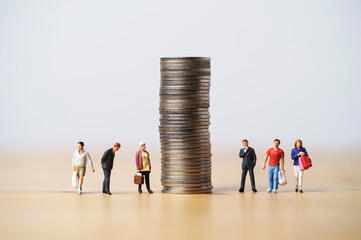 Wall Mural - Shopper and businessman standing with high coins stacking for increasing of inflation and economic recession after covid-19 pandemic and Russia Ukraine war concept.