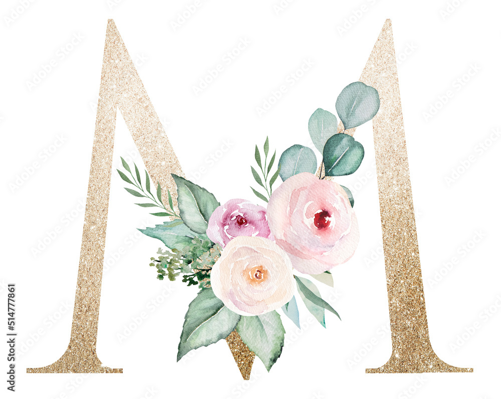 Light golden Letter M with watercolor roses and leaves. Pastel floral ...