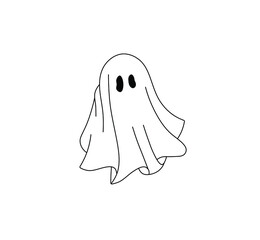 Wall Mural - vector isolated cute cartoon ghost under the sheet contour line drawing.