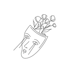 Vector isolated white theatre mask with flowers colorless black and white contour line drawing