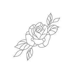Wall Mural - Vector isolated oldschool rose with leaves colorless black and white contour line drawing