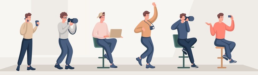 Wall Mural - Set of men with different emotions and movements. Change body parts and create new 2D characters for illustrations and animation. Vector