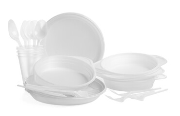 Wall Mural - Set of disposable tableware on white background