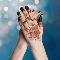 Wall Mural - Woman with henna tattoo on hand against blurred lights, bokeh effect