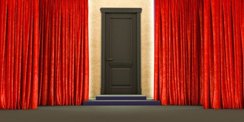 3D render, red curtain, black door entrance, black 3D door with red curtain