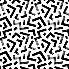 Zigzag And Triangle Vector Seamless Pattern. Hand Drawn Geometric Brush Strokes. Thick Lines With Scuffs. Abstract Grunge Zig Zag Lines Texture, Triangles And Dashes. Mosaic And Maze Seamless Pattern.
