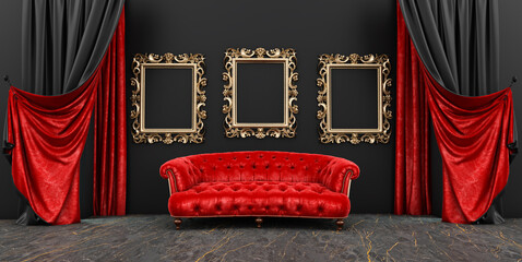 Wall Mural - 3D render of vintage luxury armchair and frame in room, An empty frame above the sofa in a black wall interior with black and red curtains.
