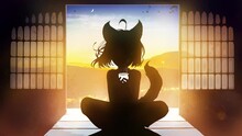 Cute Cat Girl In Anime Style With Ears And A Tail, She Is Drinking Coffee Sitting On The Threshold Of A Japanese House Against Background Of A Beautiful Dawn With Stars. Clean Looped 2d Animation