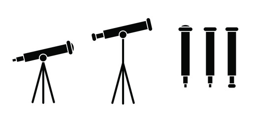 Cartoon stickman, stick figure man looking through telescope to the stars. Telescope icon or logo. Spyglass tool symbol. portable three legged telescopes. Astronomy telescope looking at the star.