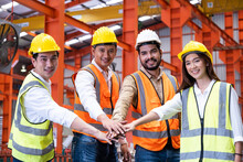 Asian People Group Of Multi Mix Race Worker With Supervisor Holding Hand To Cheer Up And Encourage Before Working At Industrial Factory Site. Teamwork, Labor Brainstorm Or Group Working Concept.
