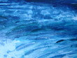 Close up detail of the brushwork in an abstract oil painting in blue, yellow, green and white showing the texture of the painting on canvas.